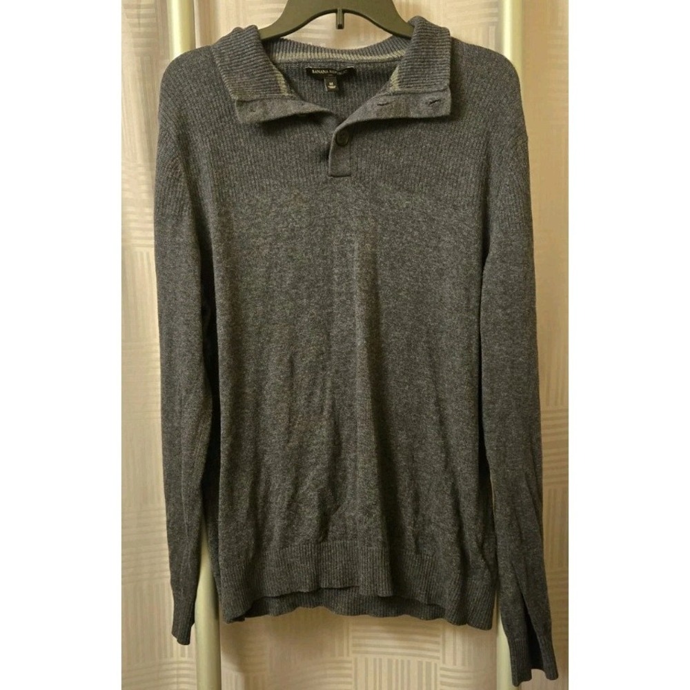 Banana Republic Men Mock Neck Henley Sweater Navy Medium Knit Cotton Blend‎